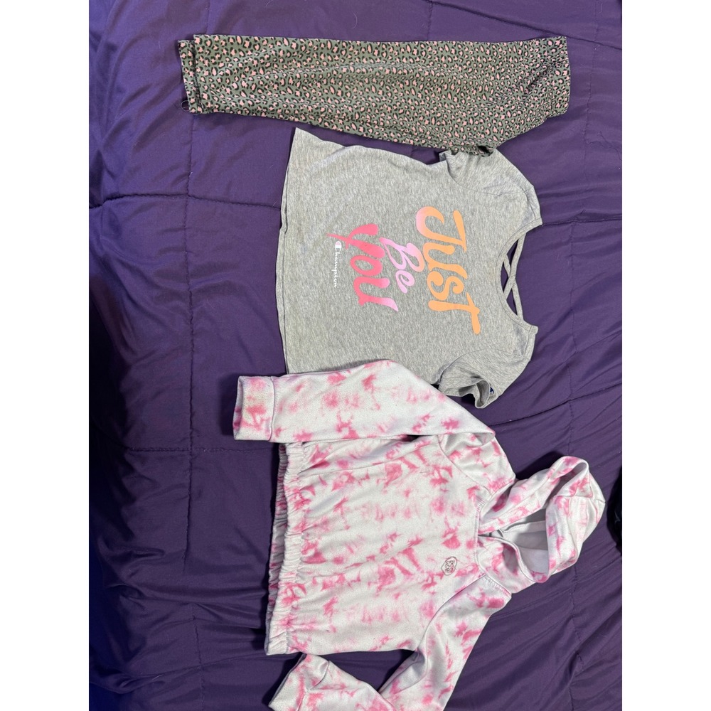 Champion Girls 3pc Set Gray Graphic Tee Pink Tie Dye Hoodie Leopard Leggings 5/6